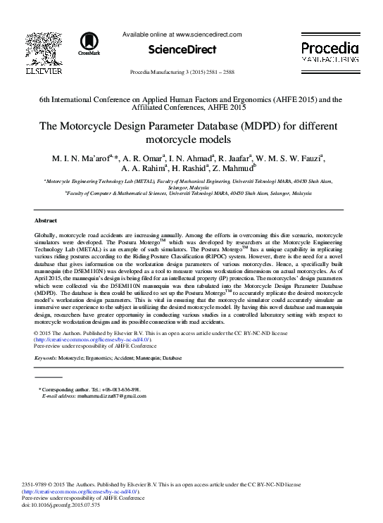 (PDF) The Motorcycle Design Parameter Database (MDPD) for Different ...