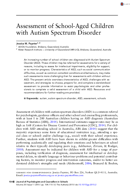 (PDF) Assessment of School-Aged Children with Autism Spectrum Disorder