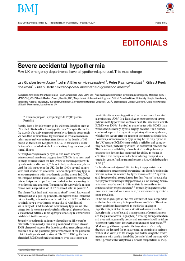 Pdf Severe Accidental Hypothermia