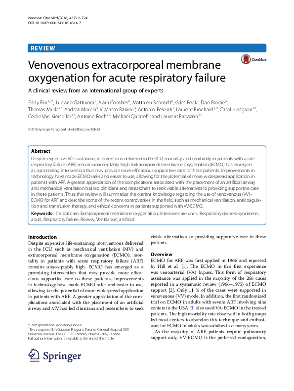 (PDF) Venovenous extracorporeal membrane oxygenation for acute ...
