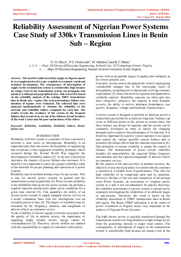 (PDF) Reliability Assessment of Nigerian Power Systems Case Study of ...