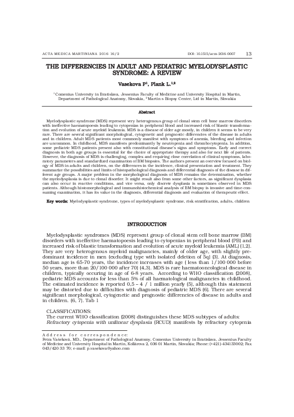 (PDF) The Differencies in Adult and Pediatric Myelodysplastic Syndrome ...