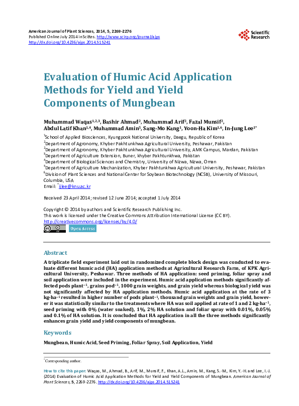 (PDF) Evaluation of Humic Acid Application Methods for Yield and Yield ...