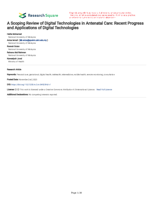(PDF) A Scoping Review of Digital Technologies in Antenatal Care ...