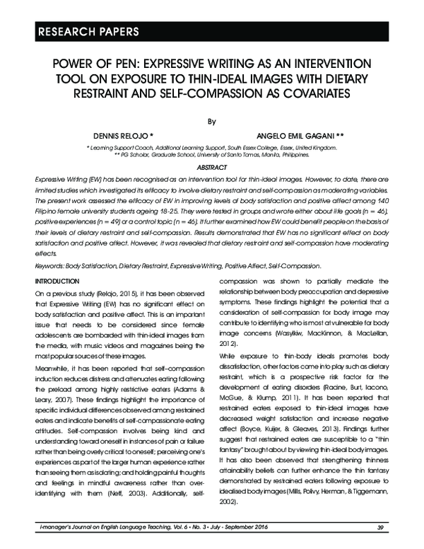 (PDF) Power Of Pen: Expressive Writing As An Intervention Tool On ...