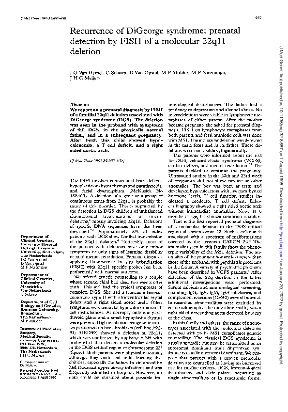 (PDF) Recurrence of DiGeorge syndrome: prenatal detection by FISH of a ...