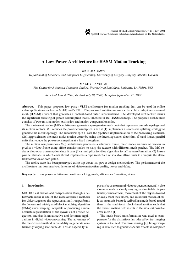 (PDF) A Low Power Architecture for HASM Motion Tracking