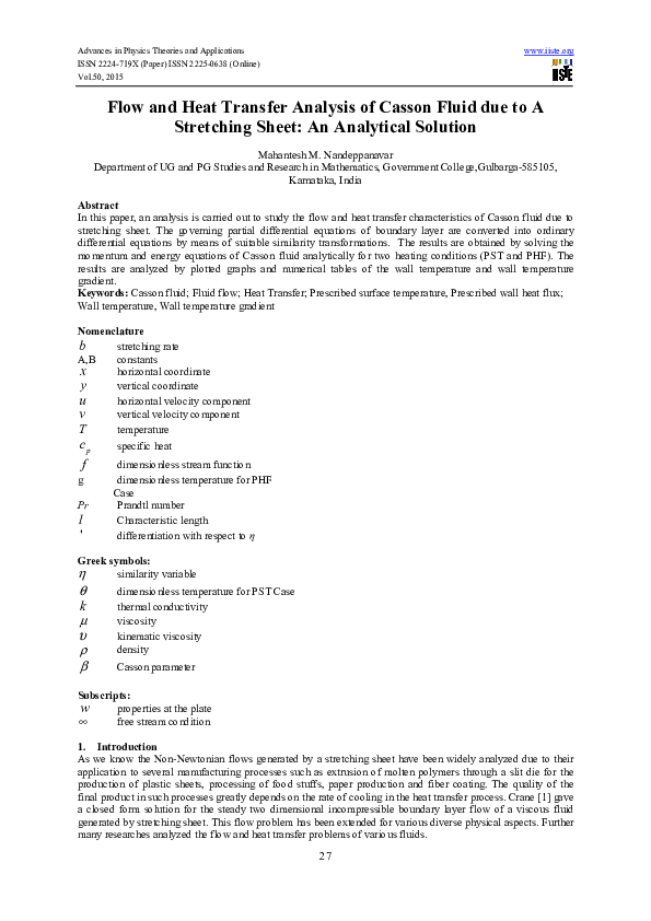 (PDF) Flow and Heat Transfer Analysis of Casson Fluid due to A ...