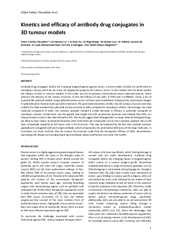(PDF) Kinetics and efficacy of antibody drug conjugates in 3D tumour models