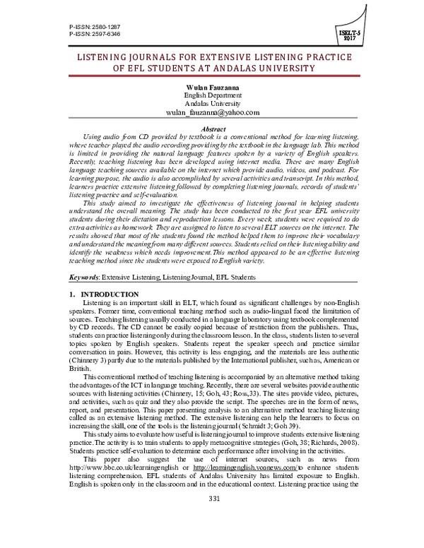 (PDF) Listening Journals for Extensive Listening Practice of Efl ...