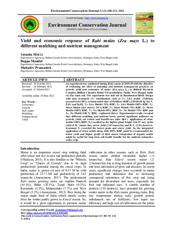 (PDF) Yield and economic response of Rabi maize (Zea mays L.) to ...