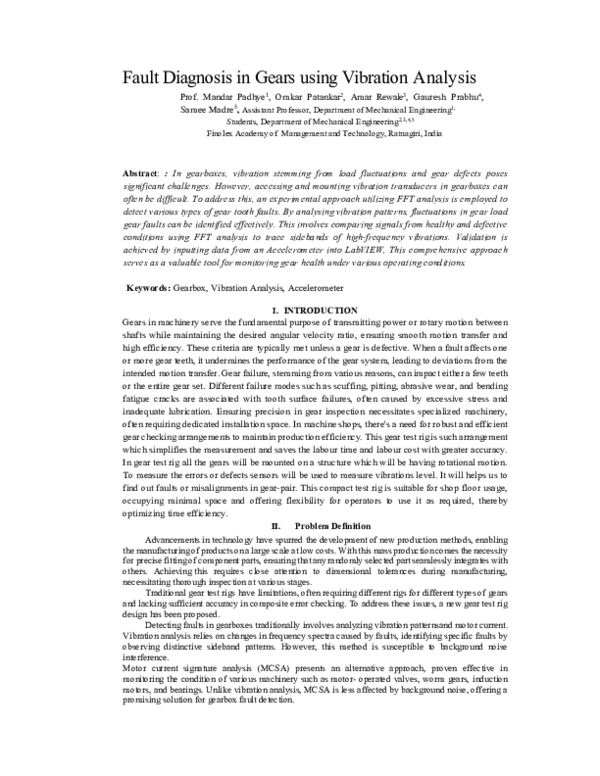 (PDF) Fault Diagnosis in Gears using Vibration Analysis
