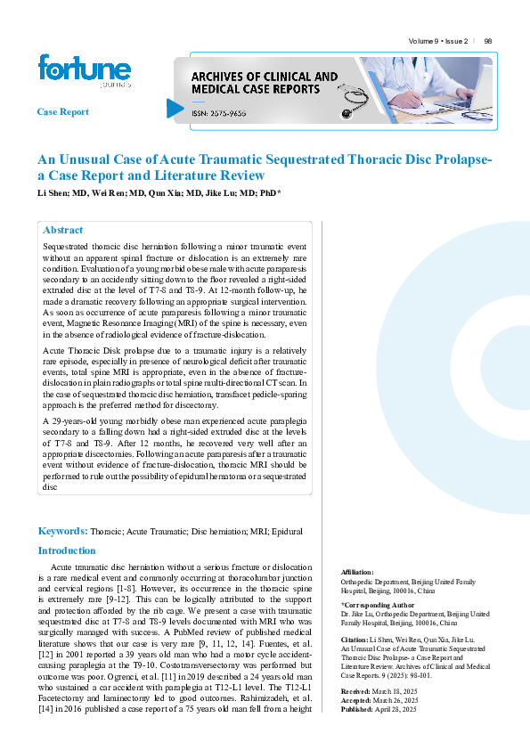 (PDF) An Unusual Case of Acute Traumatic Sequestrated Thoracic Disc ...