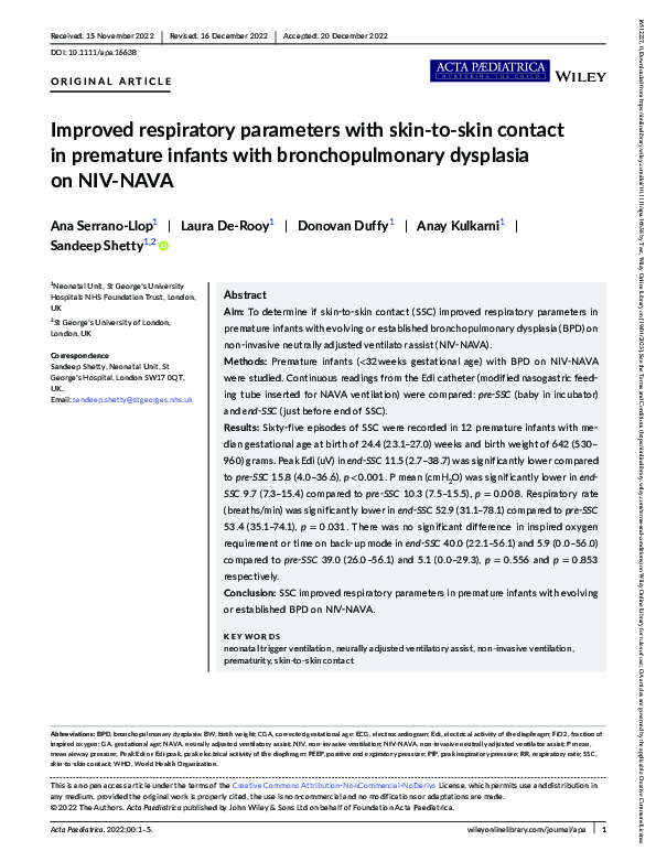 (PDF) Improved respiratory parameters with skin‐to‐skin contact in ...