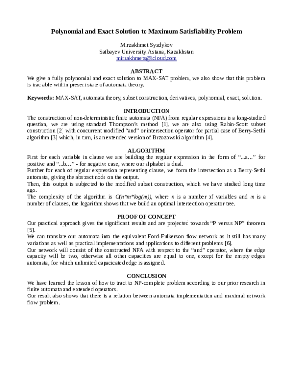 (PDF) Polynomial and Exact Solution to Maximum Satisfiability Problem