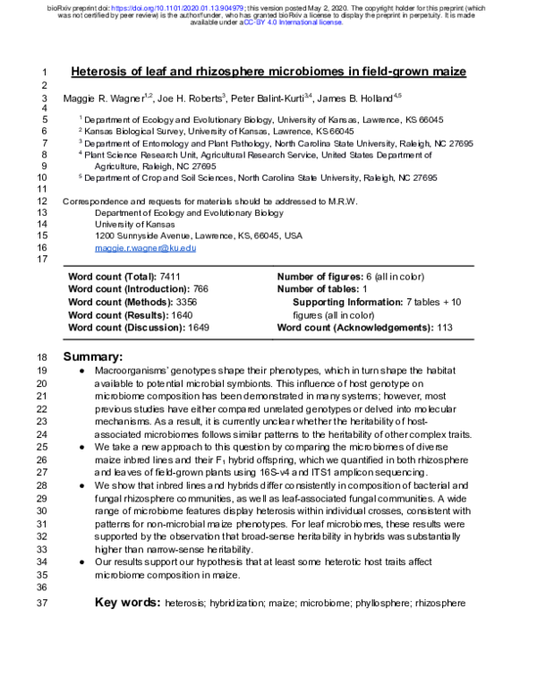 (PDF) Heterosis of leaf and rhizosphere microbiomes in field-grown maize