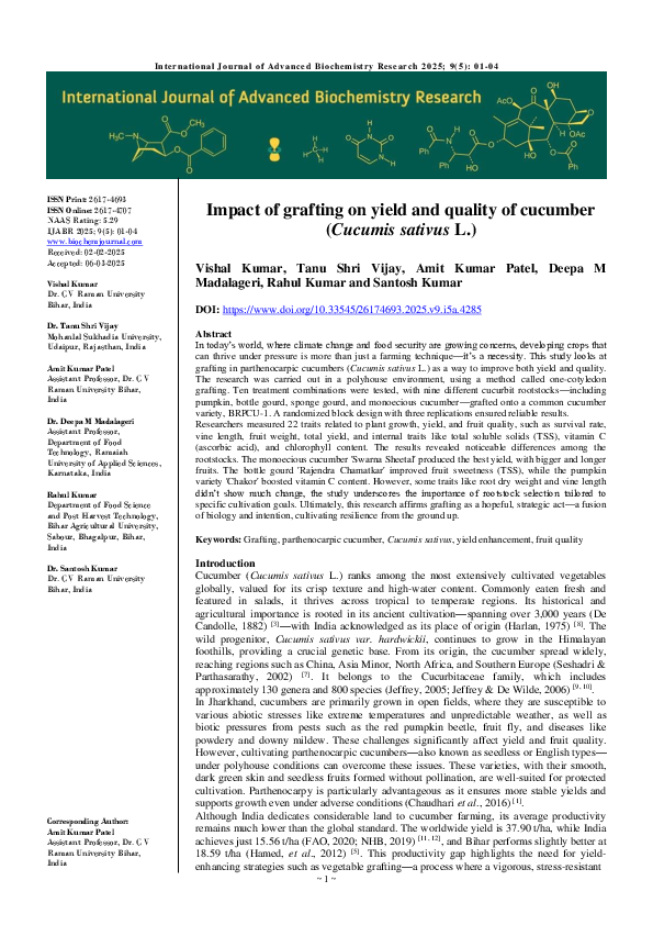 (PDF) Impact of grafting on yield and quality of cucumber (Cucumis ...