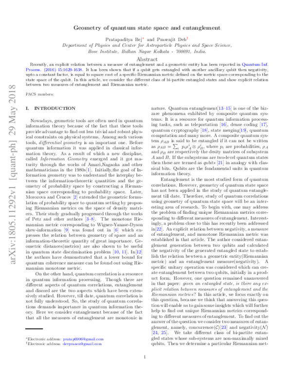 (PDF) Geometry of quantum state space and entanglement