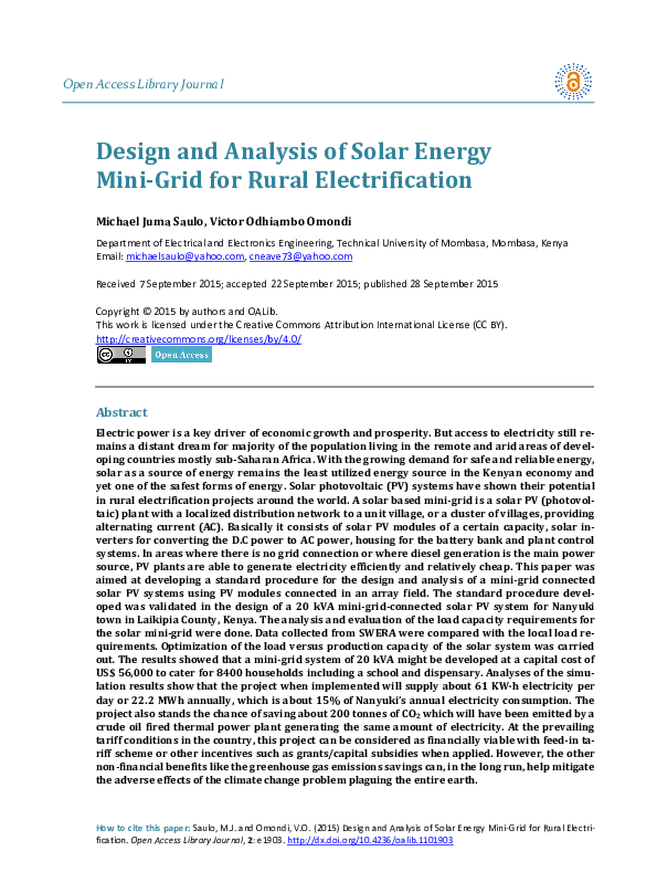 (PDF) Design and Analysis of Solar Energy Mini-Grid for Rural ...
