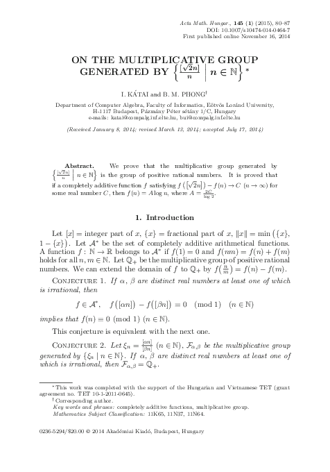 (PDF) On the multiplicative group generated by $${\{ \frac{[\sqrt{2}n ...