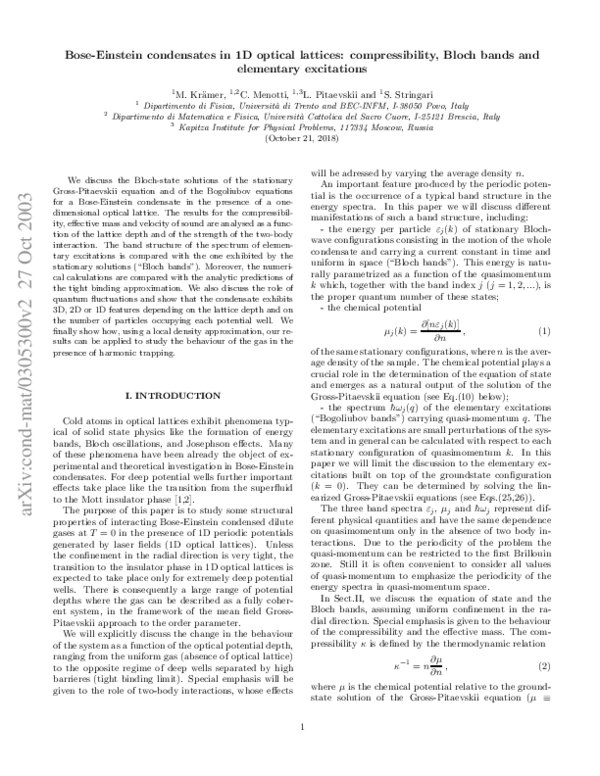 (PDF) Bose-Einstein condensates in 1D optical lattices