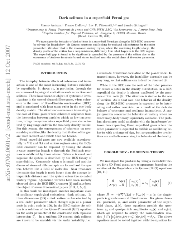 (PDF) Dark solitons in a superfluid Fermi gas