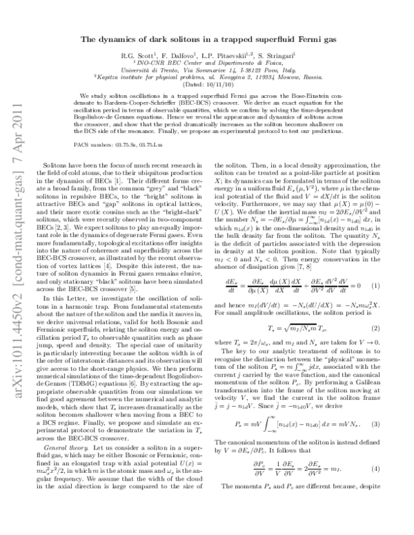 (PDF) Dynamics of Dark Solitons in a Trapped Superfluid Fermi Gas