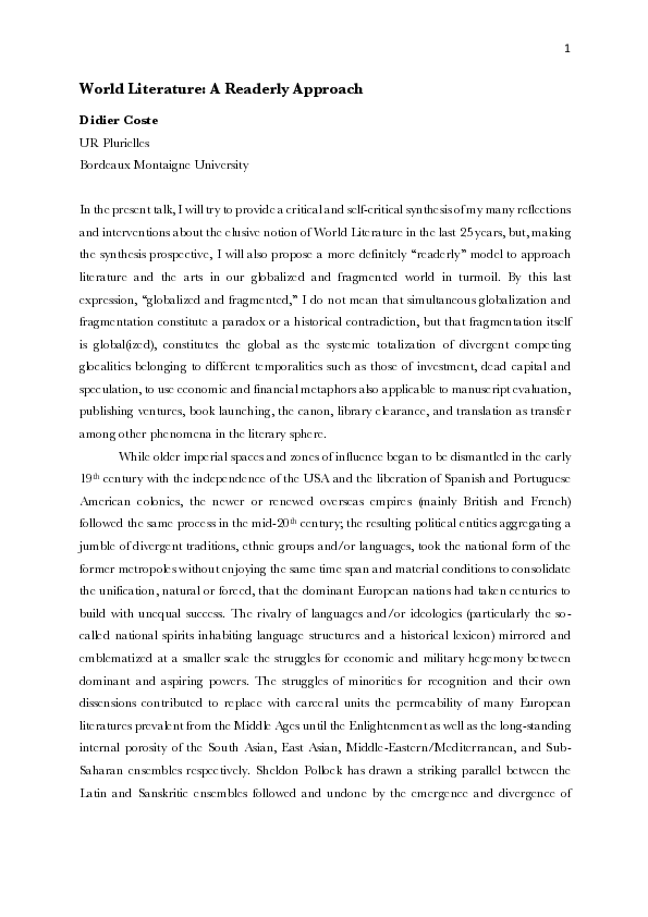 (PDF) World Literature: A Readerly Approach (Webinar talk)