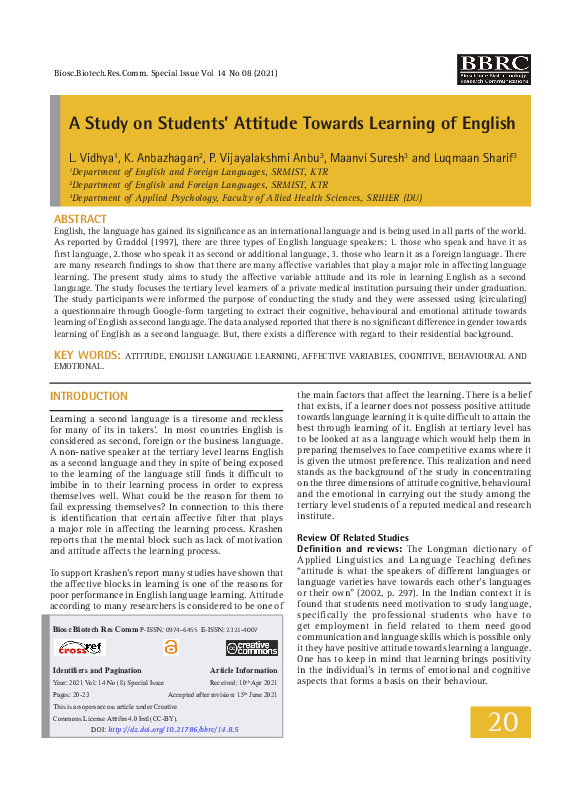 (PDF) A Study on Students’ Attitude Towards Learning of English