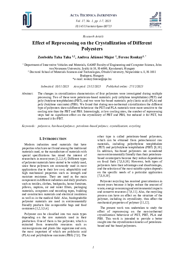 (PDF) Effect of Reprocessing on the Crystallization of Different Polyesters