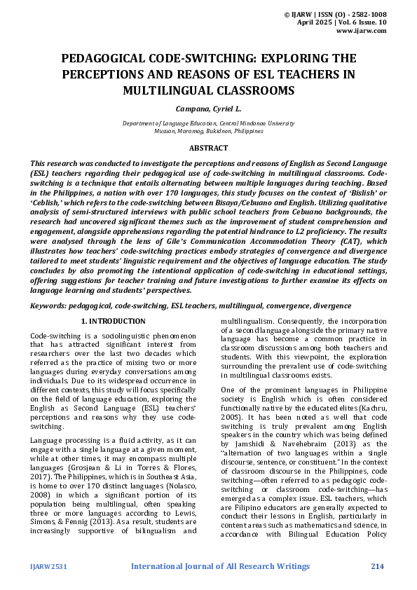 (PDF) PEDAGOGICAL CODE-SWITCHING: EXPLORING THE PERCEPTIONS AND REASONS ...