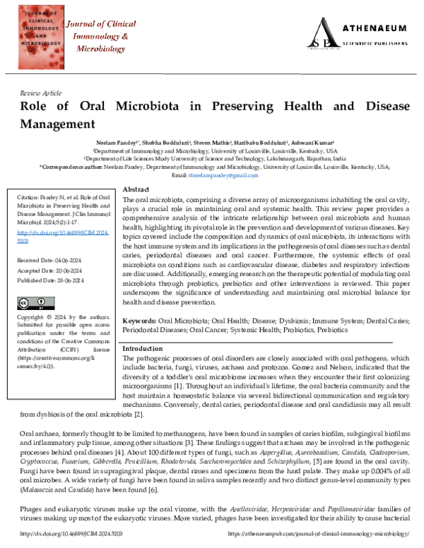 (PDF) Role of Oral Microbiota in Preserving Health and Disease Management
