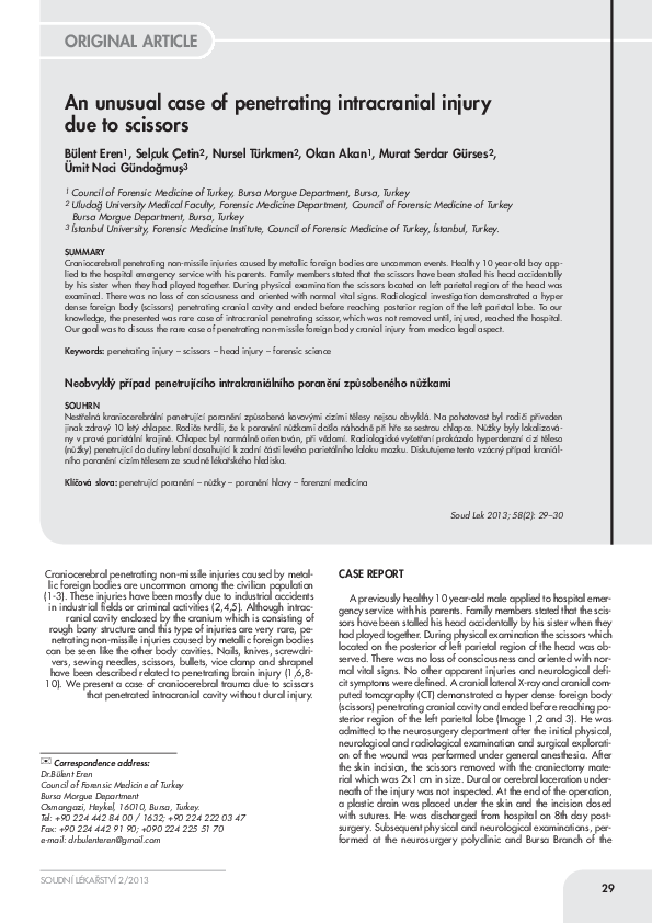 (PDF) An unusual case of penetrating intracranial injury due to scissors
