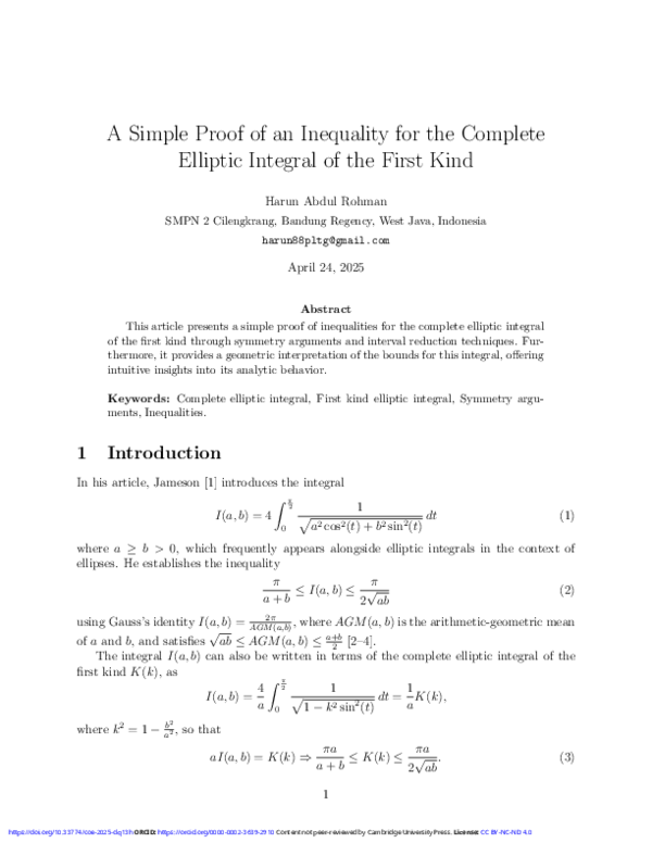 (PDF) A Simple Proof of an Inequality for the Complete Elliptic ...