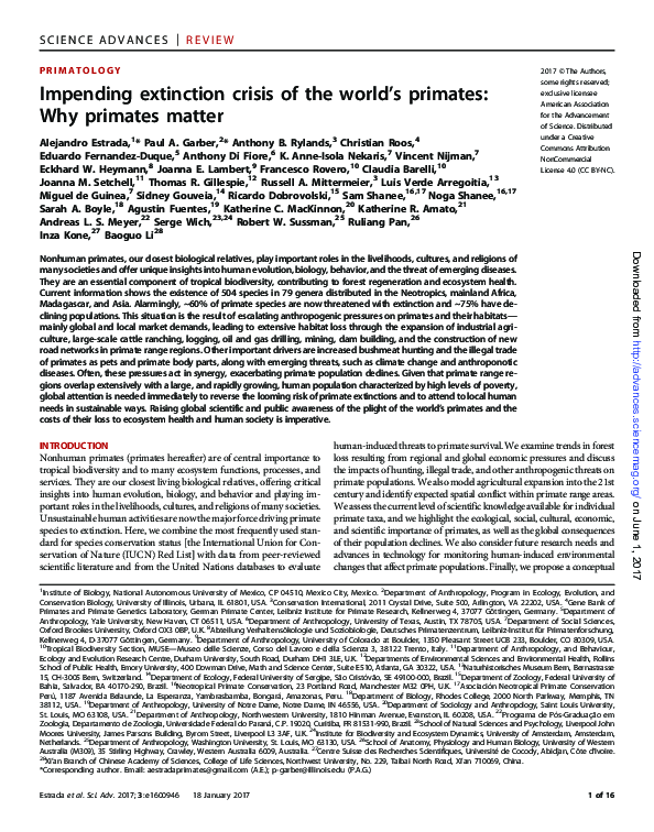 (PDF) Impending extinction crisis of the world's primates: Why primates ...