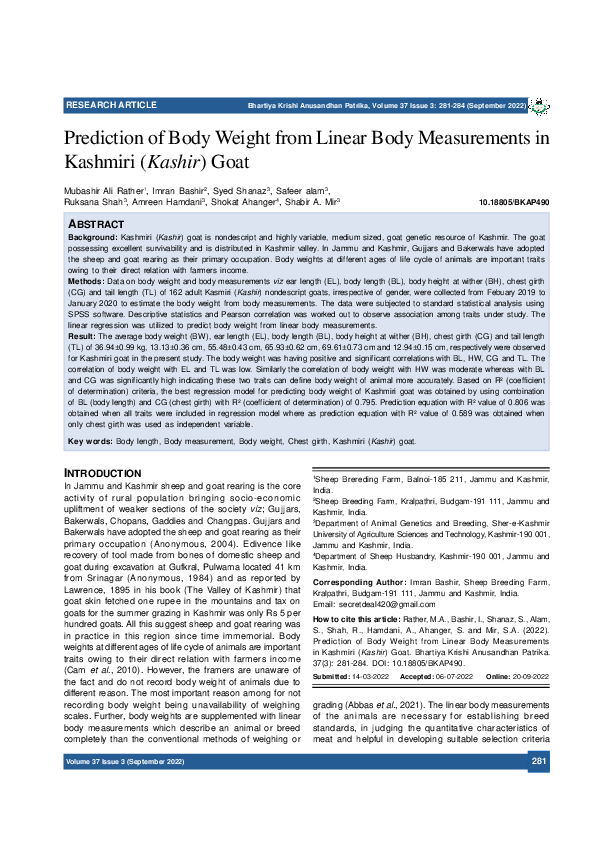 (PDF) Prediction of Body Weight from Linear Body Measurements in ...