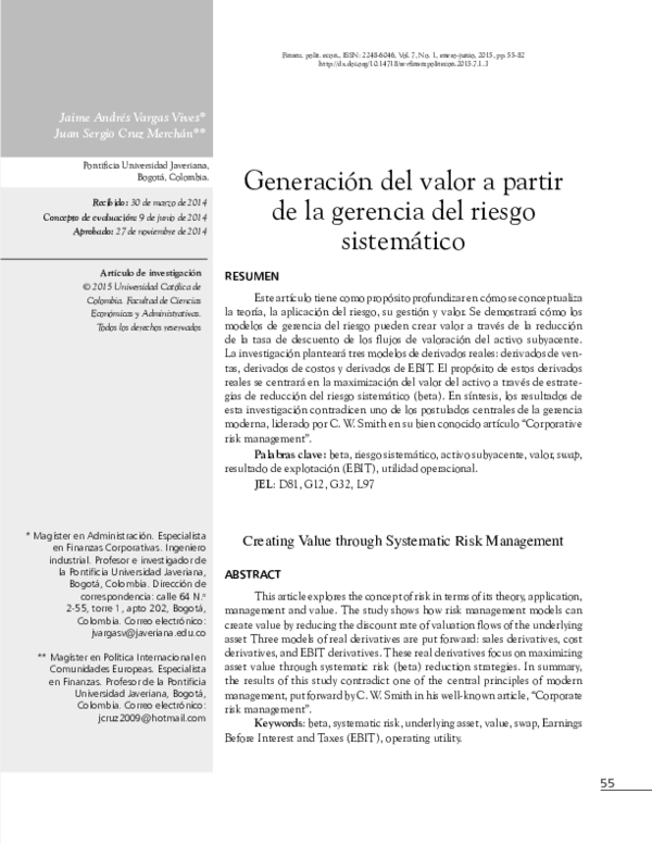 (PDF) Creating Value through Systematic Risk Management