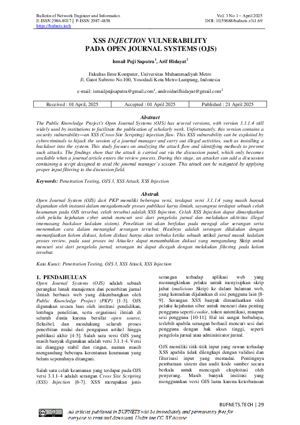 (PDF) XSS INJECTION VULNERABILITY PADA OPEN JOURNAL SYSTEMS (OJS