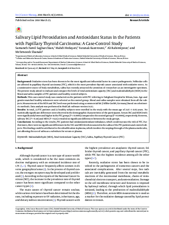 (PDF) Salivary Lipid Peroxidation and Antioxidant Status in the ...