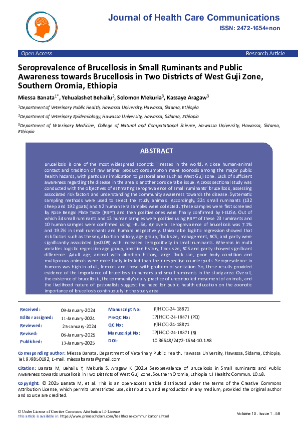 (PDF) Seroprevalence of Brucellosis in Small Ruminants and Public ...