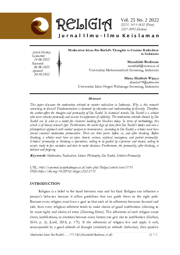 (PDF) Islamic Moderation of Ibn Rushd’s Thoughts to Counter Radicalism ...