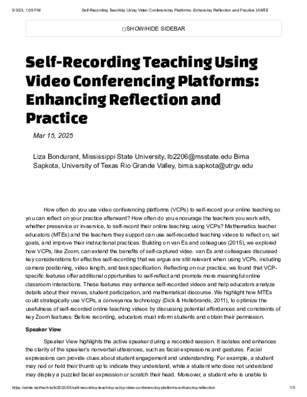 (PDF) Self-Recording Teaching Using Video Conferencing Platforms ...