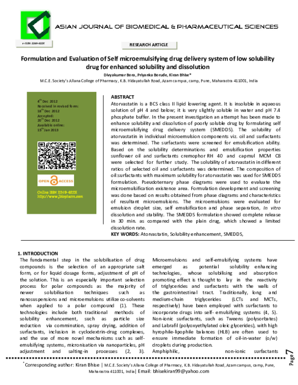 (PDF) Formulation and Evaluation of Self microemulsifying drug delivery ...