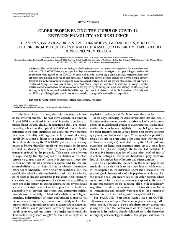 (PDF) Older people facing the crisis of COVID-19: between fragility and ...
