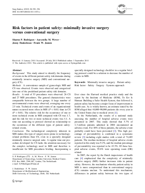 (PDF) Risk factors in patient safety: minimally invasive surgery versus ...