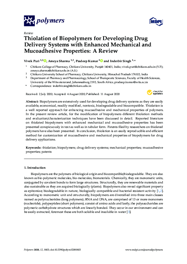 (PDF) Thiolation of Biopolymers for Developing Drug Delivery Systems ...