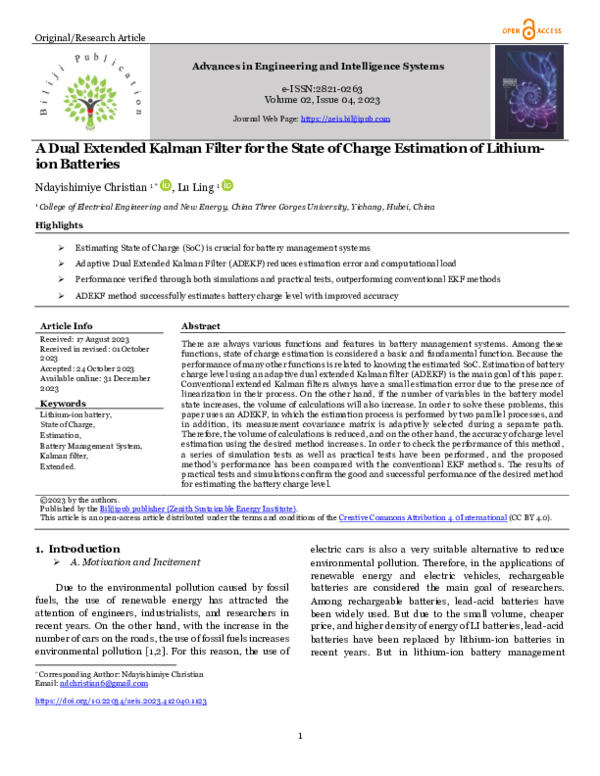 (PDF) A Dual Extended Kalman Filter for the State of Charge Estimation ...