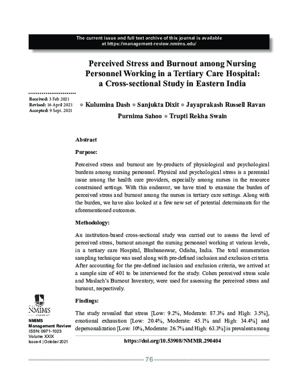 (PDF) Perceived Stress and Burnout among Nursing Personnel Working in a ...