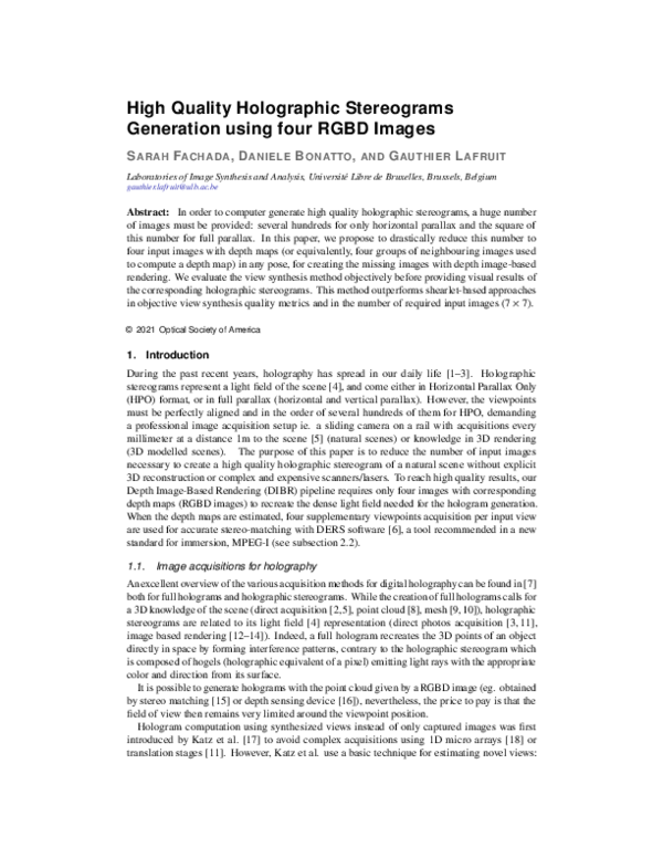 (PDF) High-quality holographic stereogram generation using four RGBD images
