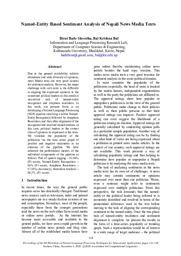 (PDF) Named-Entity Based Sentiment Analysis of Nepali News Media Texts